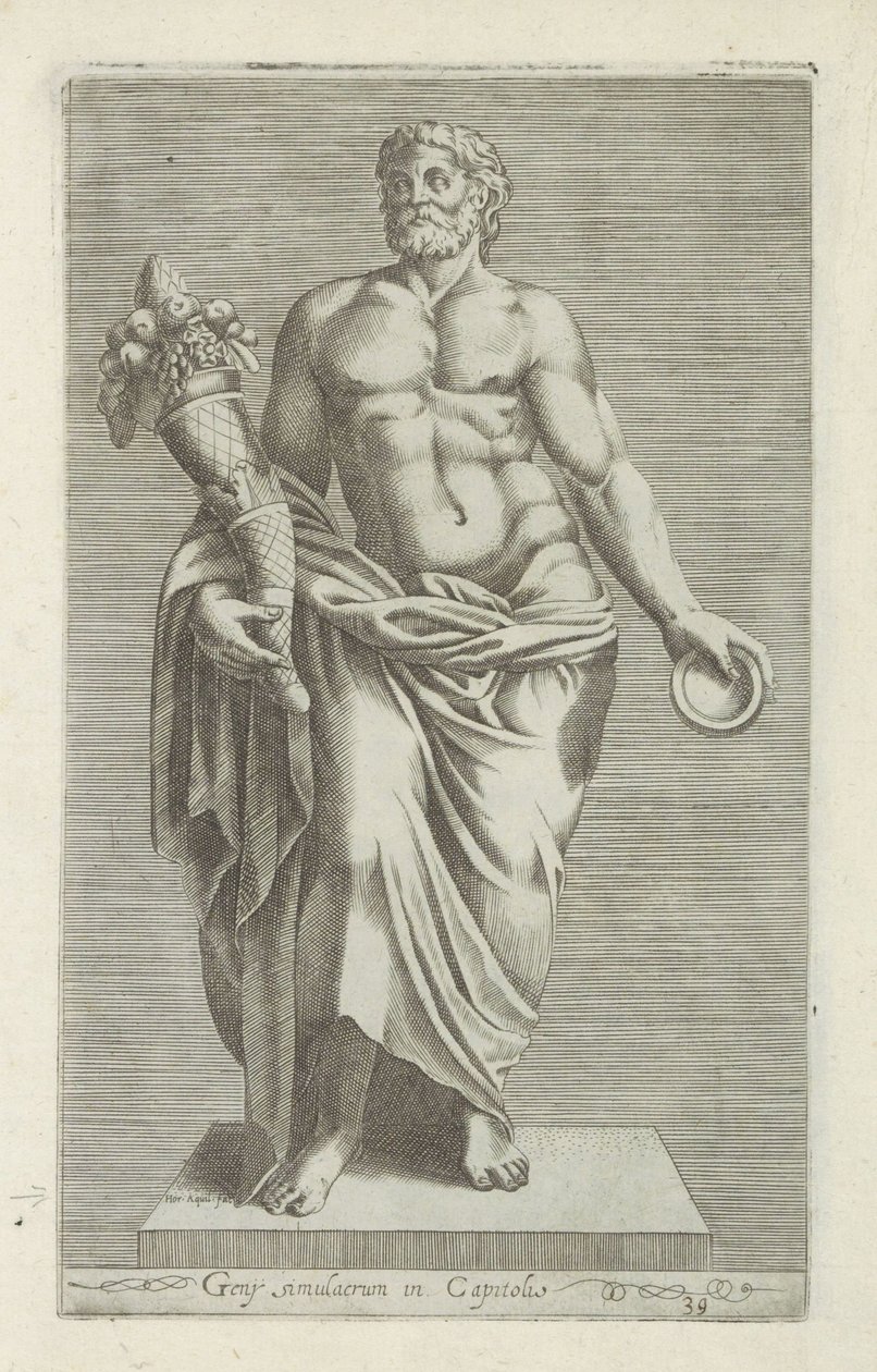 Sculptuur van een man met een hoorn des overvloeds 国会議事堂の Geny 像 (オブジェクトのタイトル) ローマのアンティーク彫刻（シリーズタイトル） 公共の場所で見られるローマ市の古代の彫像のアイコン (シリーズ タイトル) 作： 匿名
