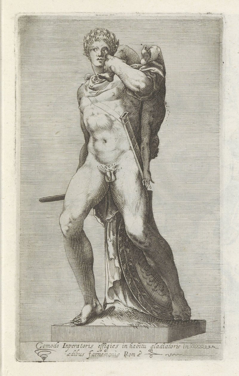 Sculptuur van keizer Commodus als グラディエーター グラディエーターの衣装を着た快適な皇帝の肖像 (...) (オブジェクトのタイトル) ローマのアンティーク彫刻（シリーズタイトル） 公共の場所で見られるローマ市の古代の彫像のアイコン (シリーズ タイトル) 作： 匿名