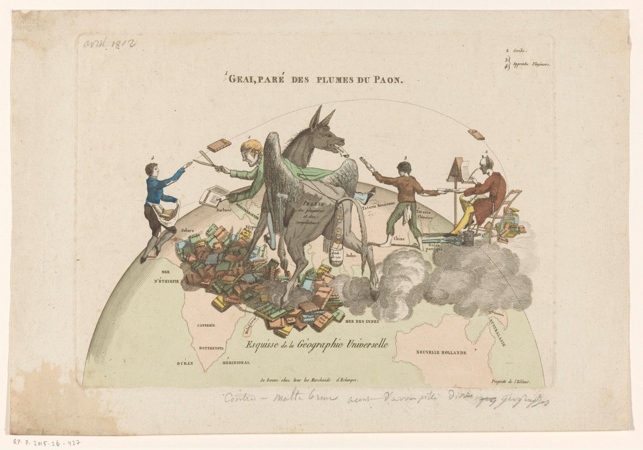Spotprent op de Geographys Universelle van Conrad Malthe-Brun Universal Geography のスケッチ (オブジェクトのタイトル) 作： 匿名