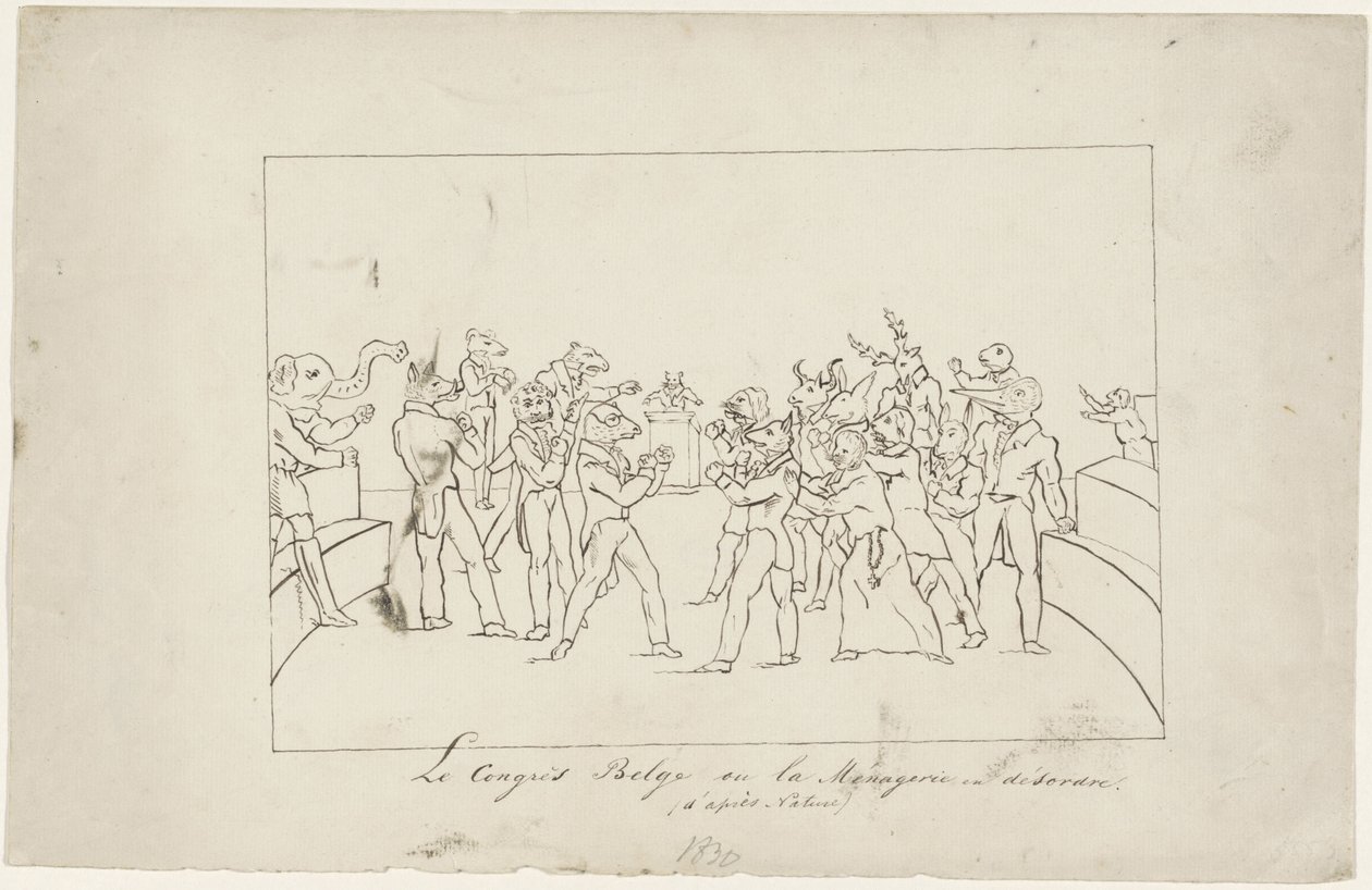 国王の選出をめぐるベルギー国民会議の不和に関する風刺漫画、1831 年 Le Congrès Belge ou la Ménagerie en désordre. (d