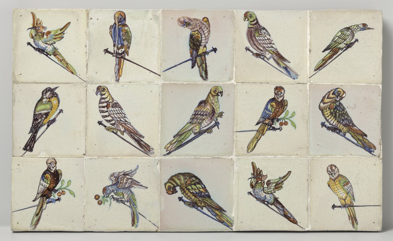 釘に鳥がとまるタイルパネル 15 タイルのフィールド 作： 匿名