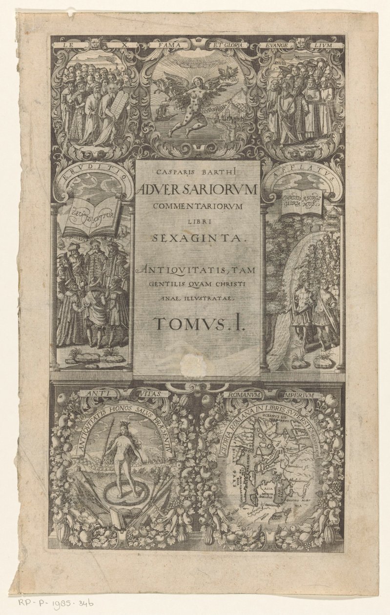 タイトル met rondom zeven cartouches 反対派の解説、60 冊、第 1 巻 (オブジェクトのタイトル) タイトル: Caspar von Barth, Adversariorum commentariorum libri LX, 1624 作： 匿名