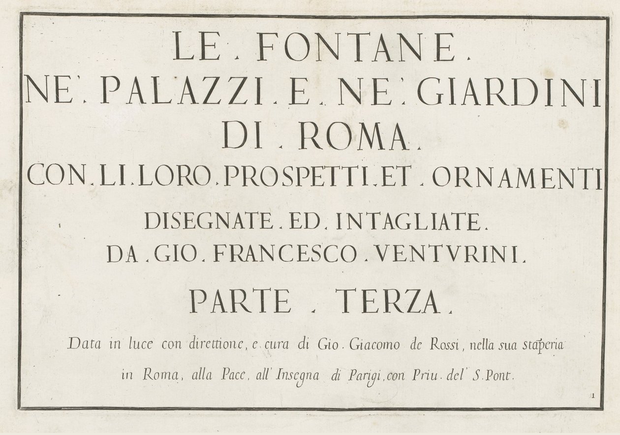 タイトルを額装したタイトルプリント Le fontane ne palazzi e ne giardini di Roma (シリーズタイトル) ローマの宮殿と庭園の噴水 (シリーズ タイトル) 作： 匿名