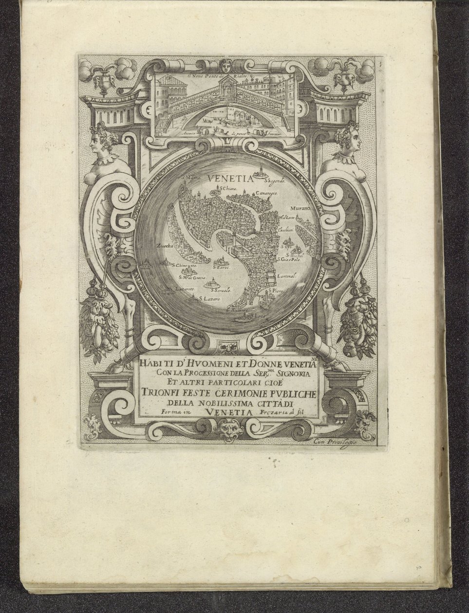 Titleprint met plattegrond van Venetië Scenes uit het Venetiaanse leven (シリーズタイトル) Habiti d