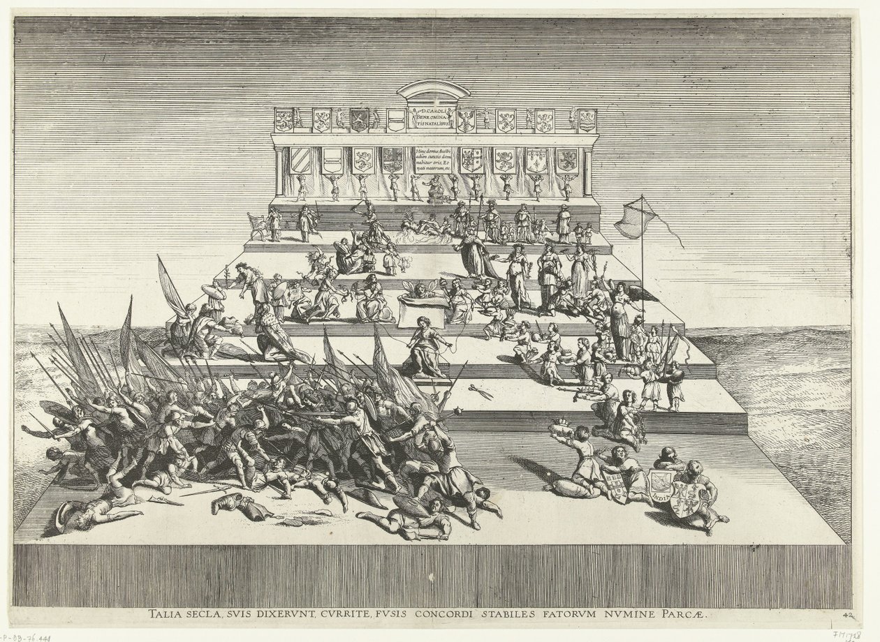 oorlog en vrede で Toneelvoorstelling。 incht van Ferdinand te Gent、1635 年 (no. 42) そのような世紀、彼らは自分自身に言った、走る、紡錘が調和している、安定している、運命の神によって救われている（オブジェクトのタイトル） カール 5 世のゲネトリコン劇場 作： 匿名