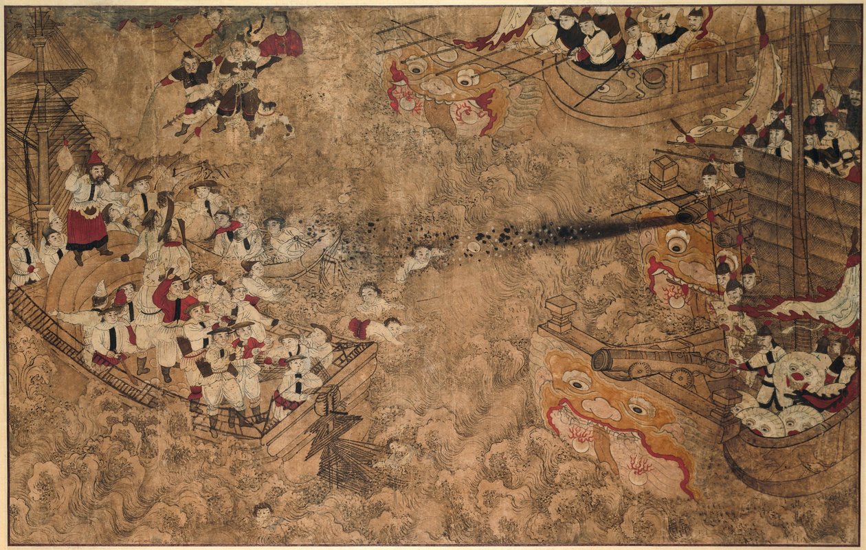 大砲で武装した中国船 3 隻からの攻撃を受けている非武装のオランダ船 2 隻 媽祖の奇蹟を描いた連作画より（連載タイトル） 作： 匿名