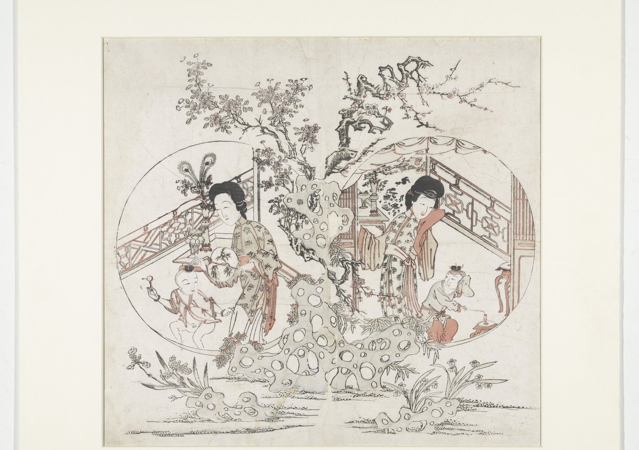 2 つの部分からなる版画。左の夏はアイリスとマルス、右の冬は水仙とプルナス (新年の版画) 作： 匿名