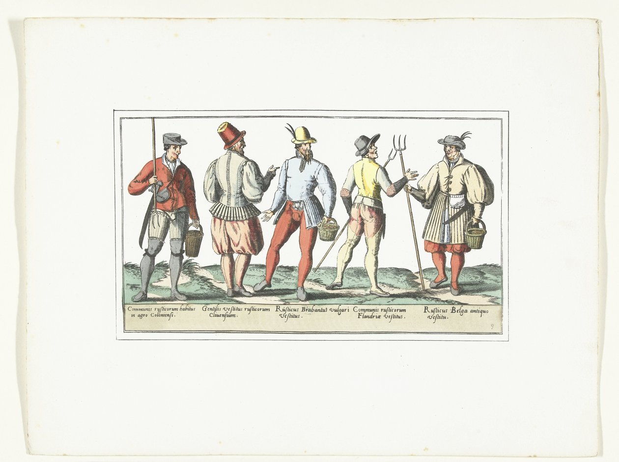 1580 年頃、現在のファッションに合わせて服を着た 4 人の農民と、古いファッションに合わせて 1 人の農民 Modes rustiques (オブジェクトのタイトル) 作： 匿名