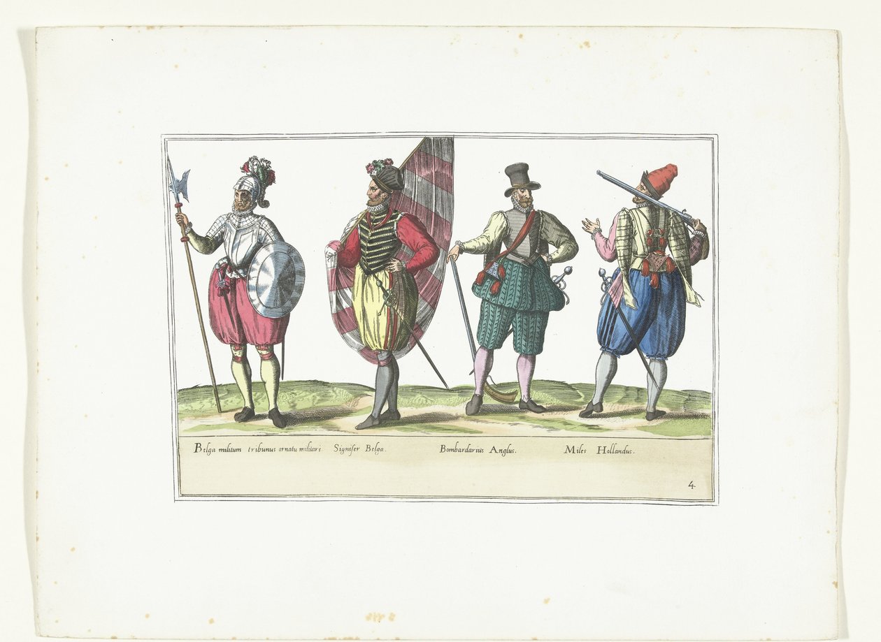 オランダとイギリスの流行に合わせた制服を着た 4 人の兵士、1580 年頃 コスチューム Militaires des Pays-Bas (オブジェクトのタイトル) 作： 匿名