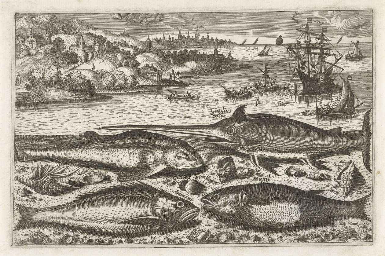 ビーチで 4 匹の魚 釣り（連載タイトル） Piscium v​​ivae アイコン (シリーズ タイトル) 作： 匿名
