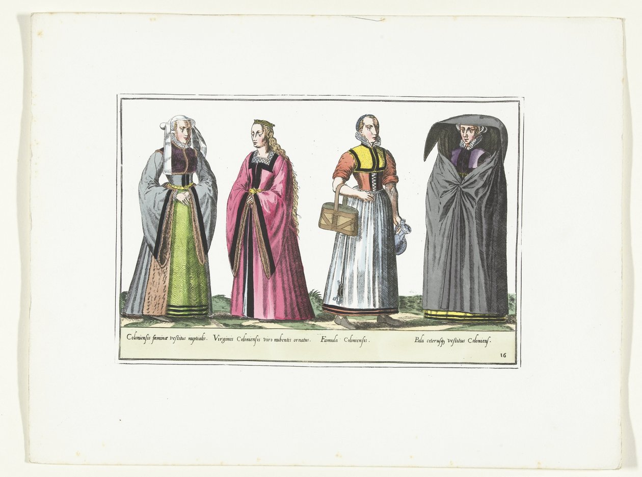 ドイツのファッションに合わせて着飾った 4 人の女性、1580 年頃 コスチューム アルマン (オブジェクトのタイトル) 作： 匿名