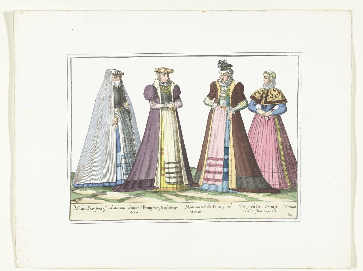 ドイツのファッションに合わせて着飾った 4 人の女性、フランクフルト、1580 年頃 衣装アルマン (オブジェクトのタイトル) 作： 匿名