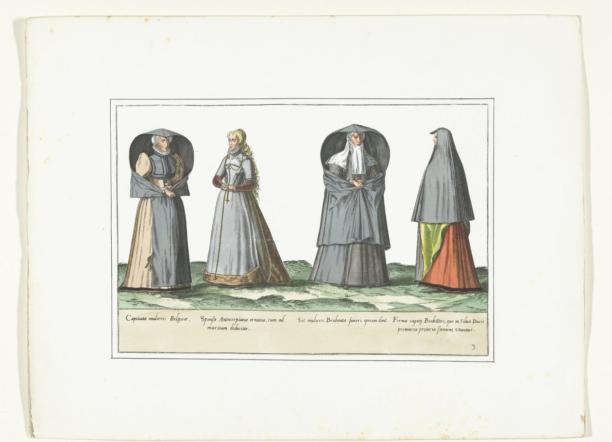 アントワープ、ブラバント、スヘルトーヘンボスでファッションに合わせて着飾った 4 人の女性、1580 年頃 Costumes Civils des Pays-Bas (オブジェクトのタイトル) 作： 匿名