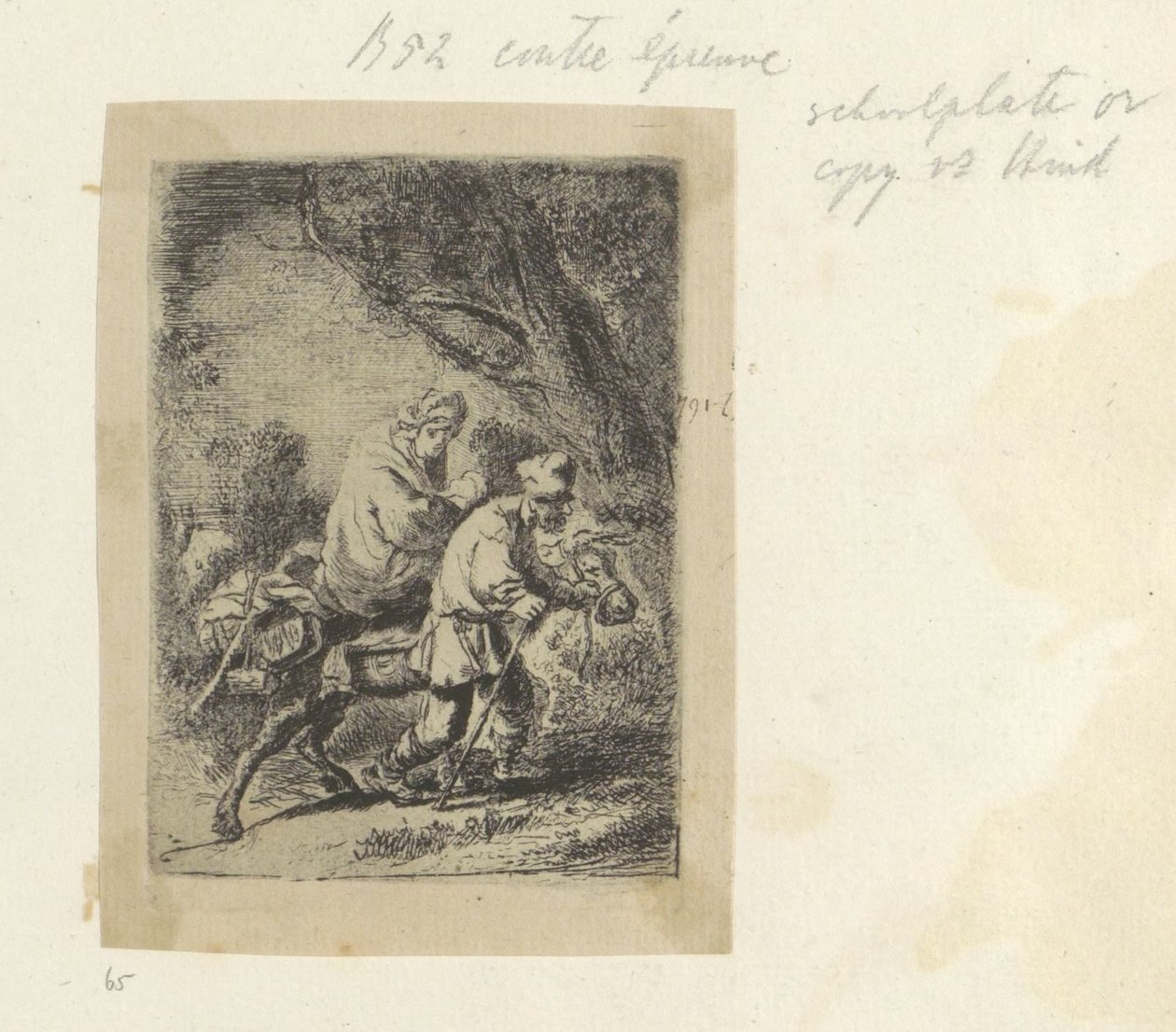 エジプトへの逃避：小皿 H. L. Basan作、Requeil de Rembrandt、1807/1808、65 (124) (シリーズタイトル) Requeil de quatre-vingt-cinq estampes originales (シリーズタイトル) 作： 匿名