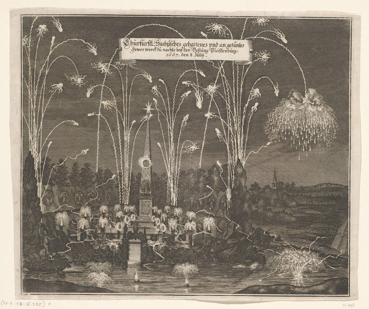 1667 年 7 月 8 日、プライセンブルク近郊の花火 Churfürstl: Sachsisches gehaltenes und an gezentes Fewer werck zu nachts beij the fortress Pleissenburg、1667 年 7 月 8 日 (オブジェクトのタイトル) 作： 匿名