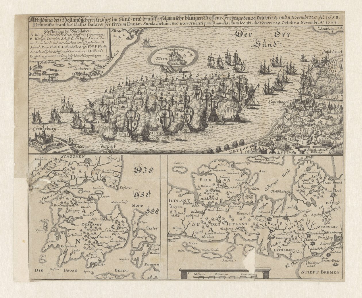 ゼースラッグ イン デ ソント、1658 年 Sündt でのオランダの訴訟の写真 / 10 月 29 日金曜日と 11 月 8 日の非常に血なまぐさい会議が続いた。 ……あお。 1658 (オブジェクトのタイトル) 作： 匿名