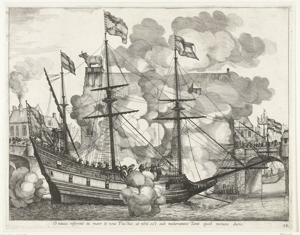 Zeilschip、naar rechts; incht van Ferdinand te Gent、1635 年 (no. 38) 船よ、新しい波があなたを海へと運ぶだろう：しかし、あなたが導くことを恐れる者の支配下にあるものは何もない（オブジェクトのタイトル） 他の船員の勝利の船 作： 匿名