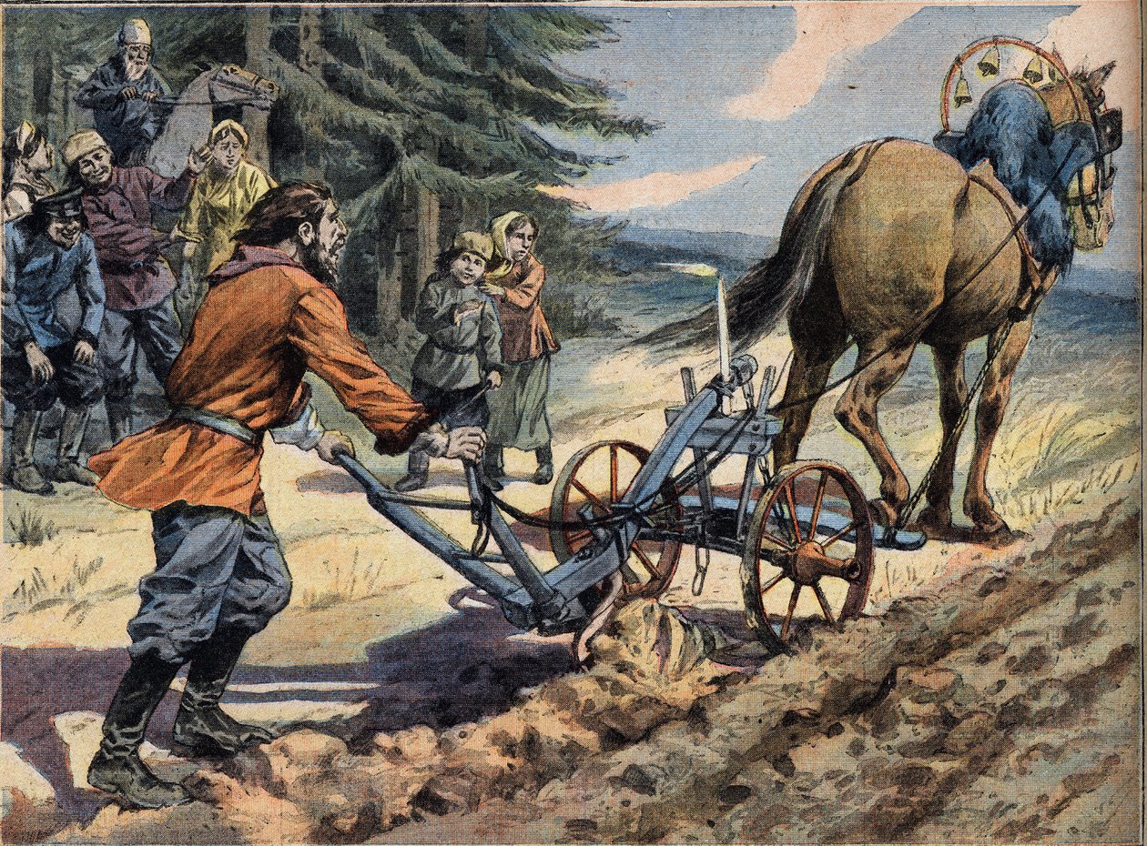 ロシアの農民が畑を耕している様子。その上にはろうそくが置かれています。Conte de Easter 1908年4月19日の新聞 "Le Petro Parisien "に掲載された挿絵。個人蔵。 作： 匿名匿名