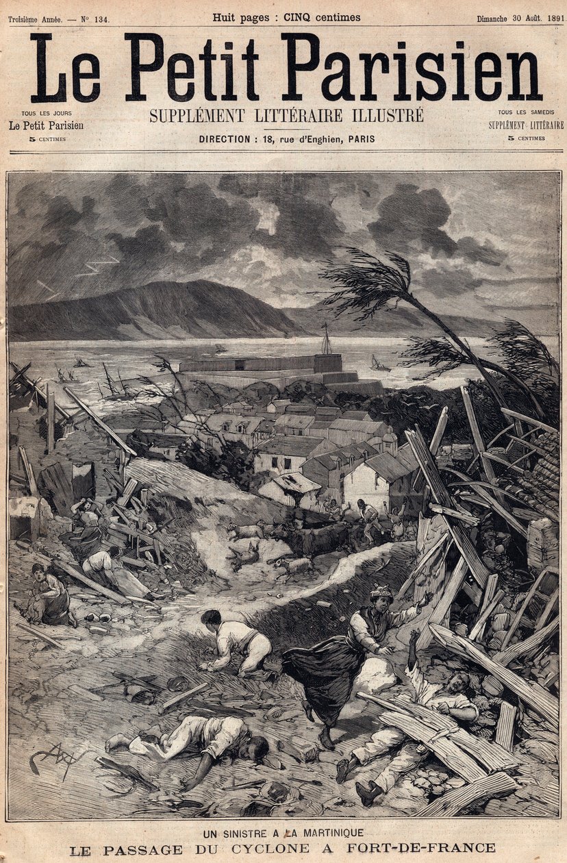 マルティニークの災害：1891年のFort-de-France（フランス砦）でのサイクロンの通過。1891年8月の "Le petit Parisien "に掲載されたエングレーヴィング。個人蔵。 作： 匿名匿名