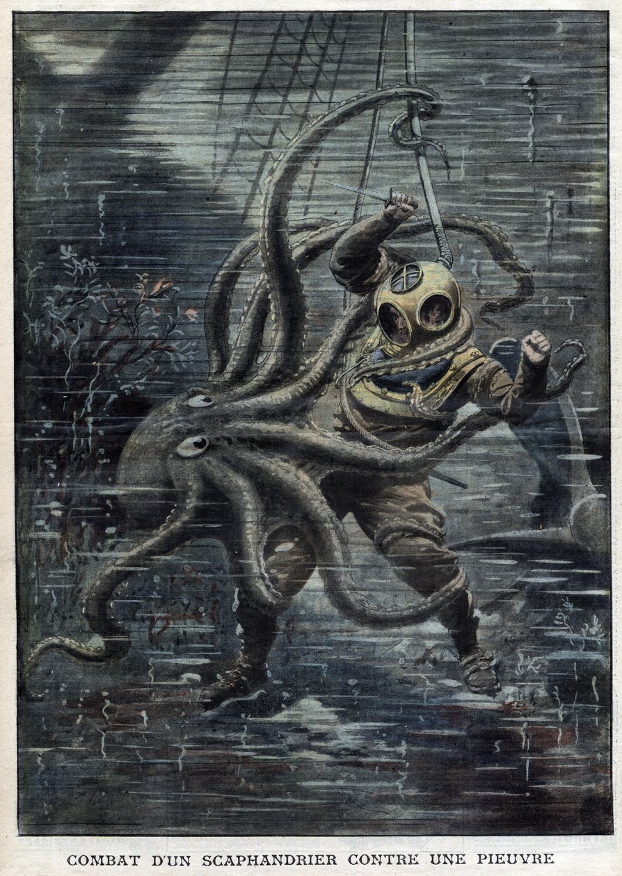 巨大なタコがアメリカ人ダイバーのマーティン・ルンドを克服することにほぼ成功した - A Giant Octopus Attacks American Diver Martin Lund - Battle of Scaphandrier Against an Octopus - "The Petity Journal" 作： 匿名匿名
