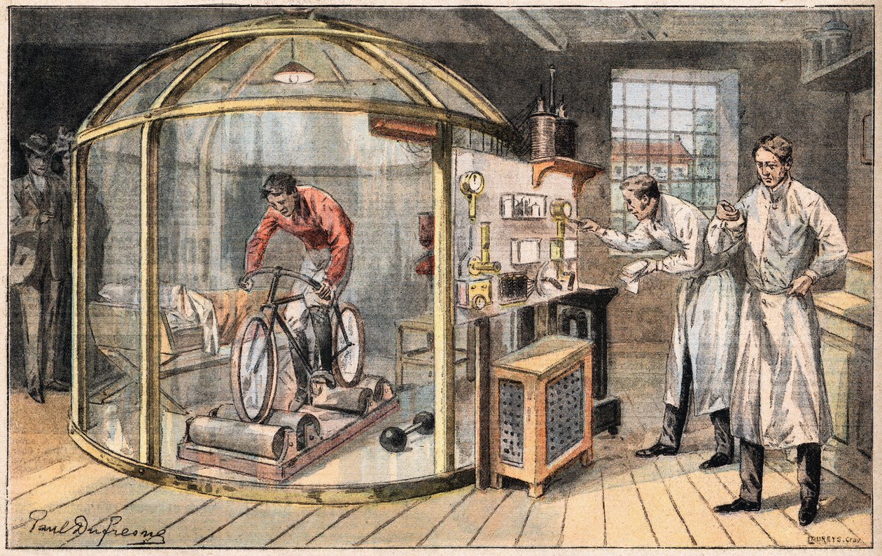 イギリスの科学者が行った人間のエネルギーの消費に関する実験。1908年5月24日の新聞 "Le Peute Parisien "に掲載された版画。個人蔵。 作： 匿名匿名