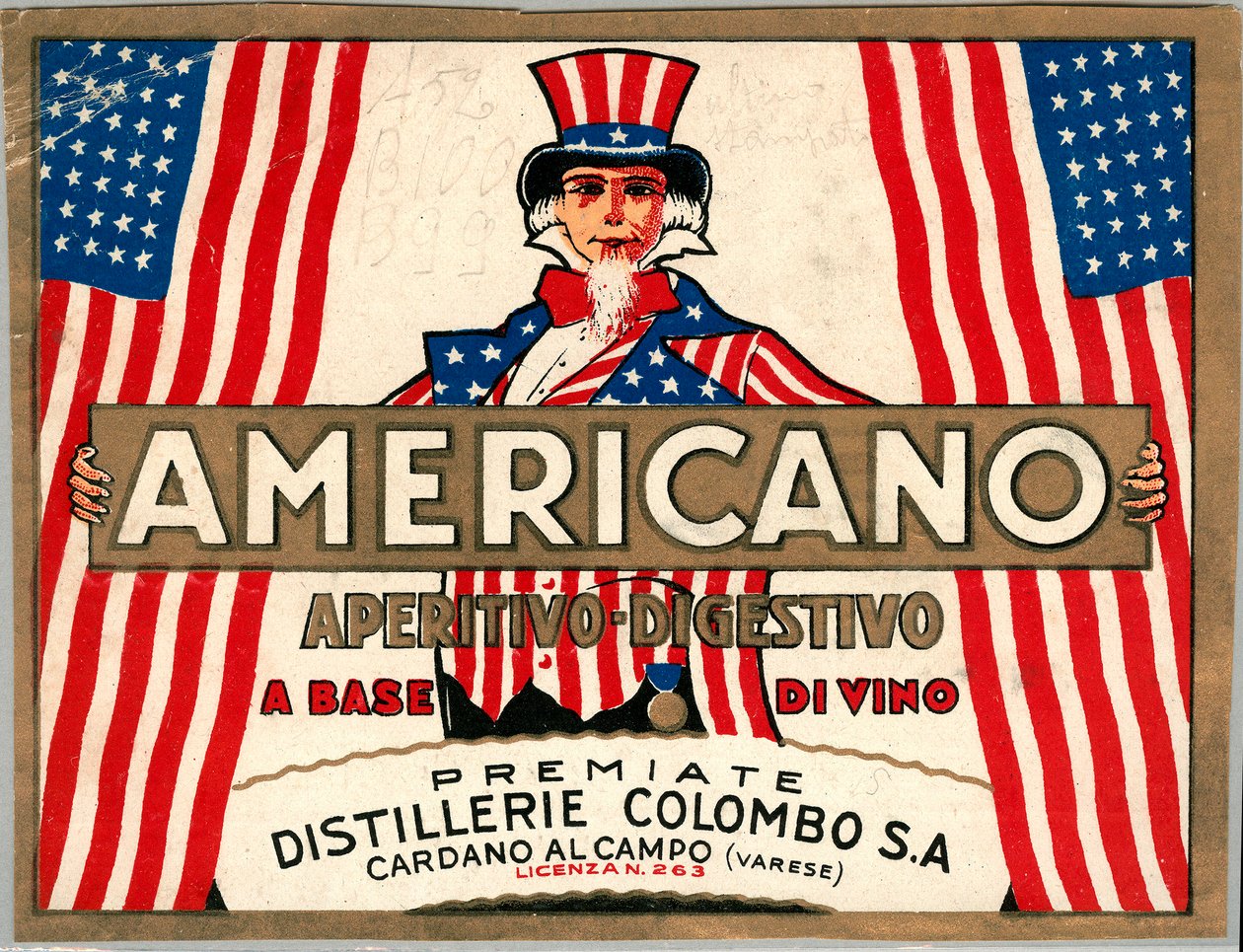 イタリアのショートドリンク「アメリカーノ」の広告で、アメリカを擬人化したアンクルサムが描かれている。 作： 匿名匿名