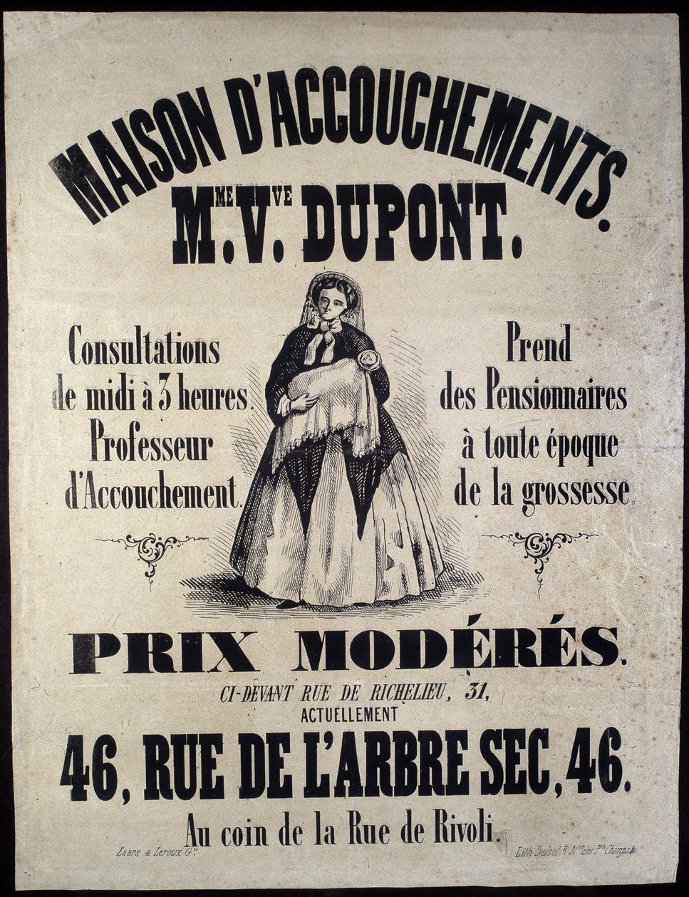 1850年、パリの出産施設（マタニティ）の広告。Madame Dupont, low prices at 46 rue de l