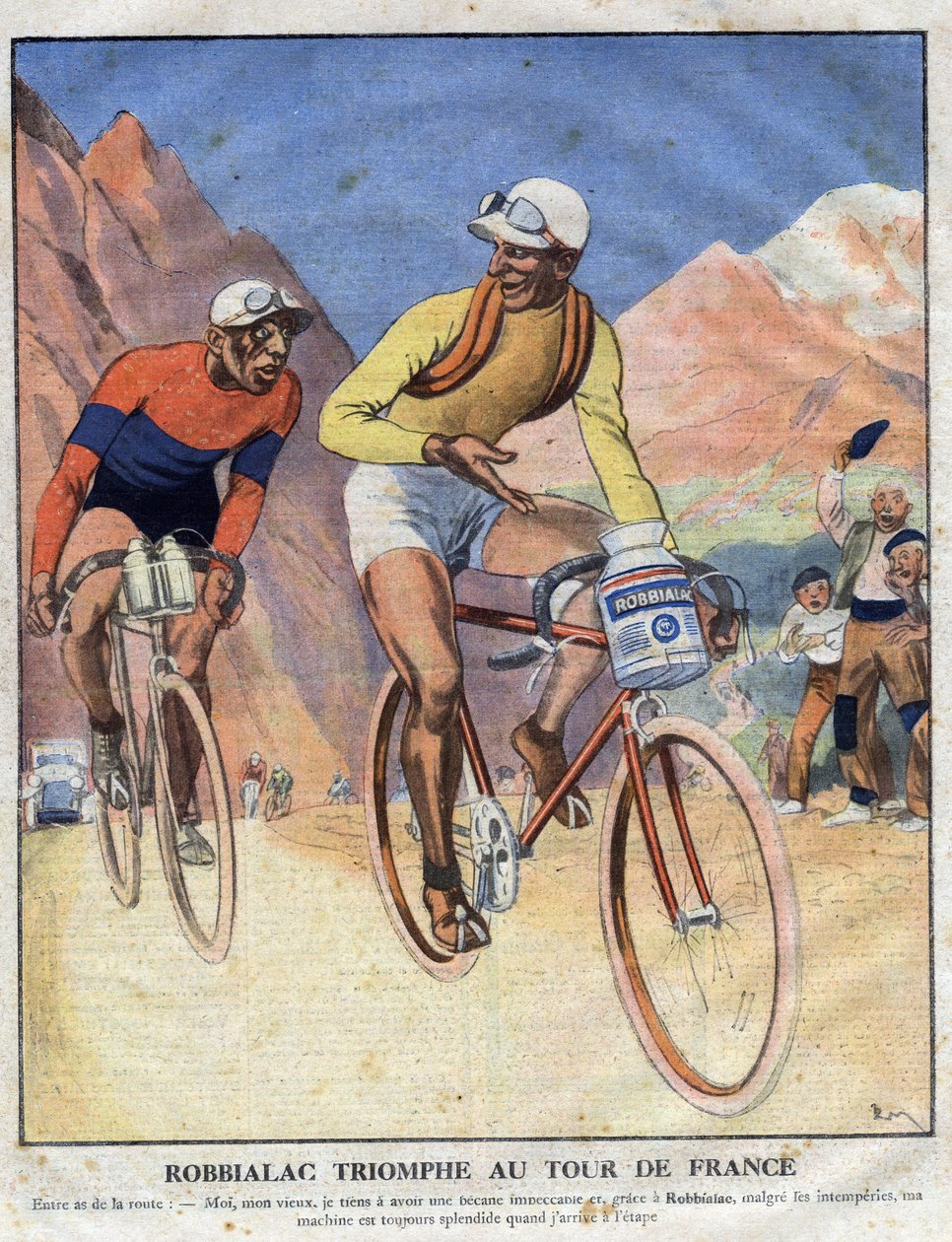 絵画「Robbialac」の広告：「Robbialac triumph at the Tour de France」。サイクリストが自分の自転車のためにRobbialacのペイントのメリットを販売している。エングレービング。"The Little Journal Illustrates "のひとつ。 作： 匿名匿名