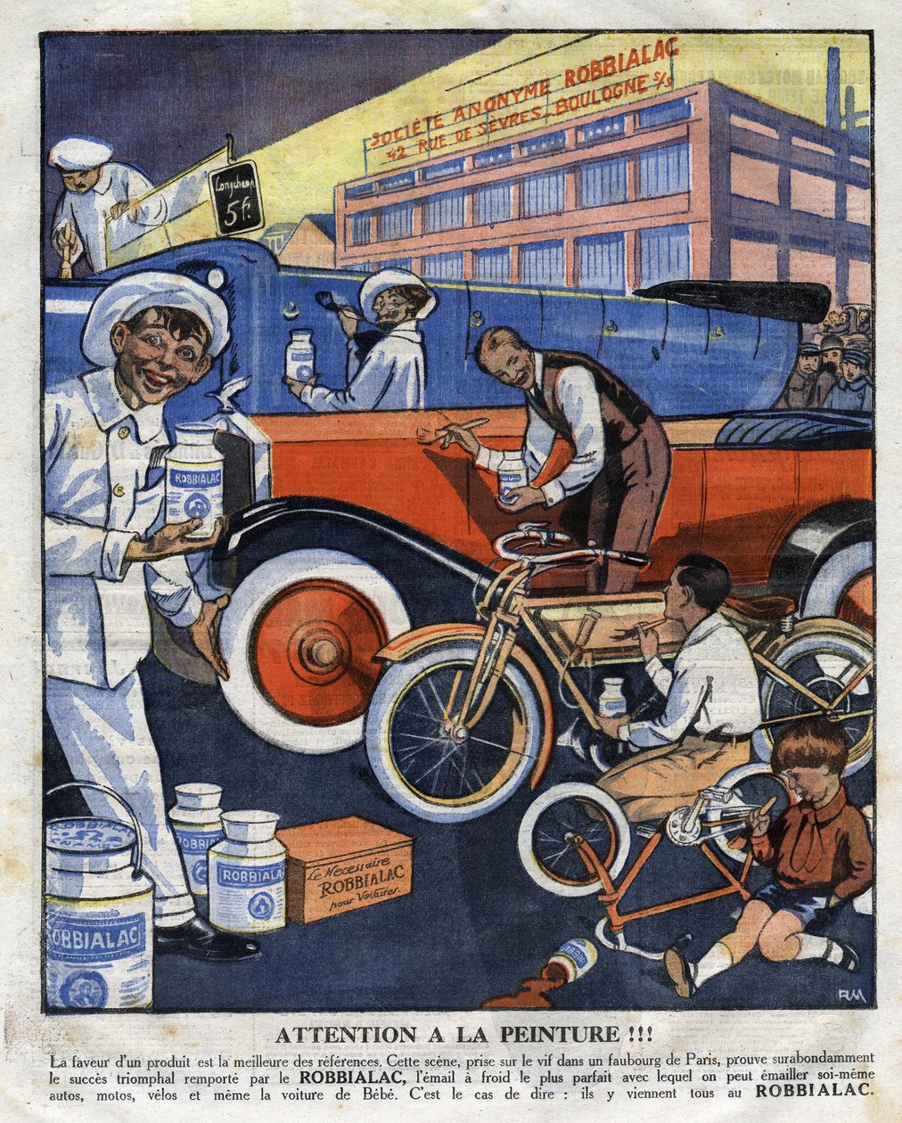 あらゆる用途（車、自動車、バイク、自転車）に適した絵画「Robbialac」の広告イラスト。イラストは "Le petit journal "1925年2月22日号より Collection privee 作： 匿名匿名