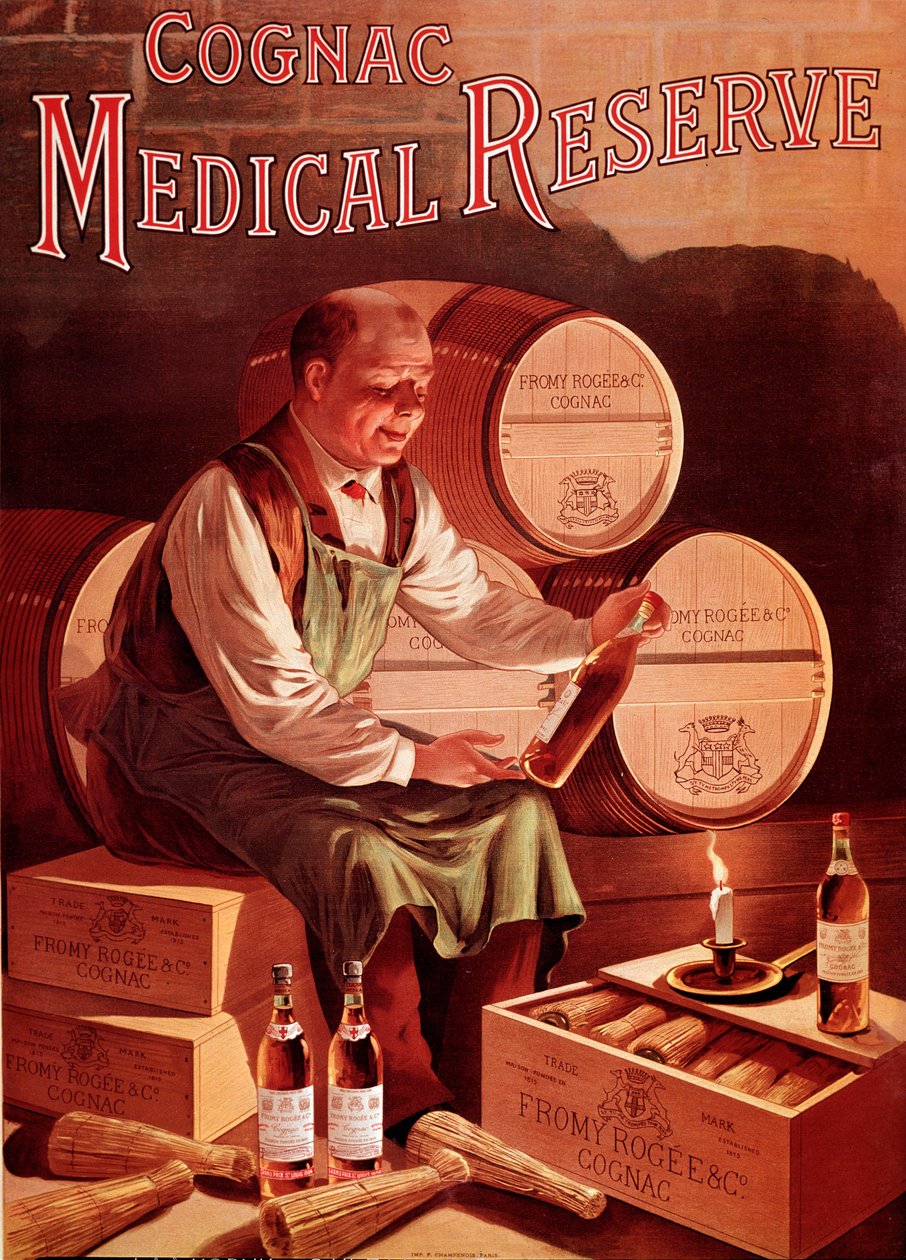 コニャック「Fromy, Rogee and Cie: medical reserve」の広告ポスター。ワインセラーでコニャックのボトルを嬉しそうに見ている男性。匿名のイラスト。デビュー 20世紀 プライベートコレクション 作： 匿名匿名