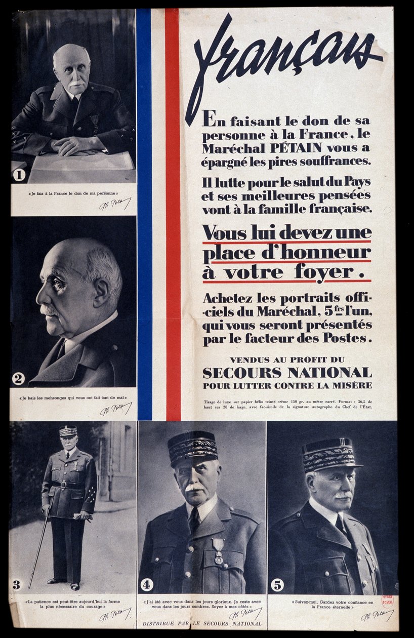第二次世界大戦中のフィリップ・ペタン元帥の肖像画を販売し、ペタンを賞賛する広告ポスター（貧困対策のための国家的救済のために販売される 作： 匿名匿名