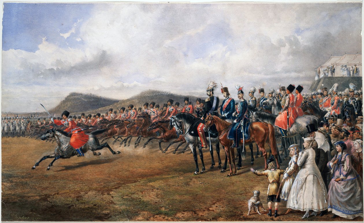 アレクサンドル2世 (1818-1881) passant les torupes en revue - 軍隊を閲兵するツァーリのアレクサンドル2世 - 匿名 - 1867 - 紙に水彩画 - 55x90 - 個人蔵 作： 匿名匿名