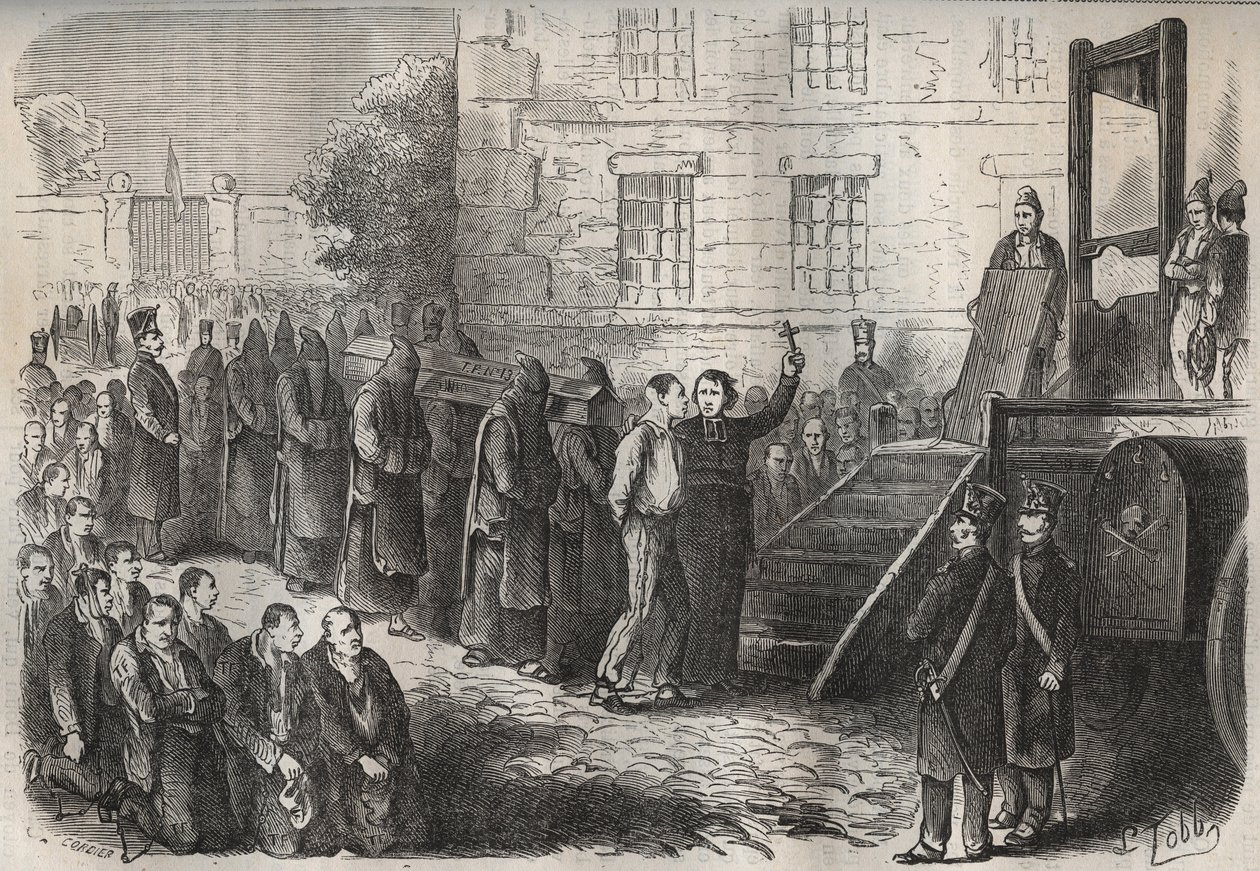 19世紀のトゥーロン・バグーンでの処刑。ピエール・ザッコーネ（1817-1895）の『Histoire des bagnes depuis leur création à nos jours』（1877年）に掲載されている版画（Colonia Penale - Penal colony）。個人蔵。 作： 匿名匿名