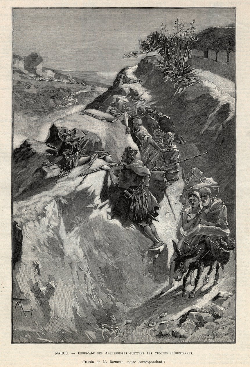 モロッコのアンジェラ山での反乱：シェリフフィアン軍を待つアンゲリストの待ち伏せ。1892年の "Le monde illustree "に掲載された版画。個人蔵。 作： 匿名匿名