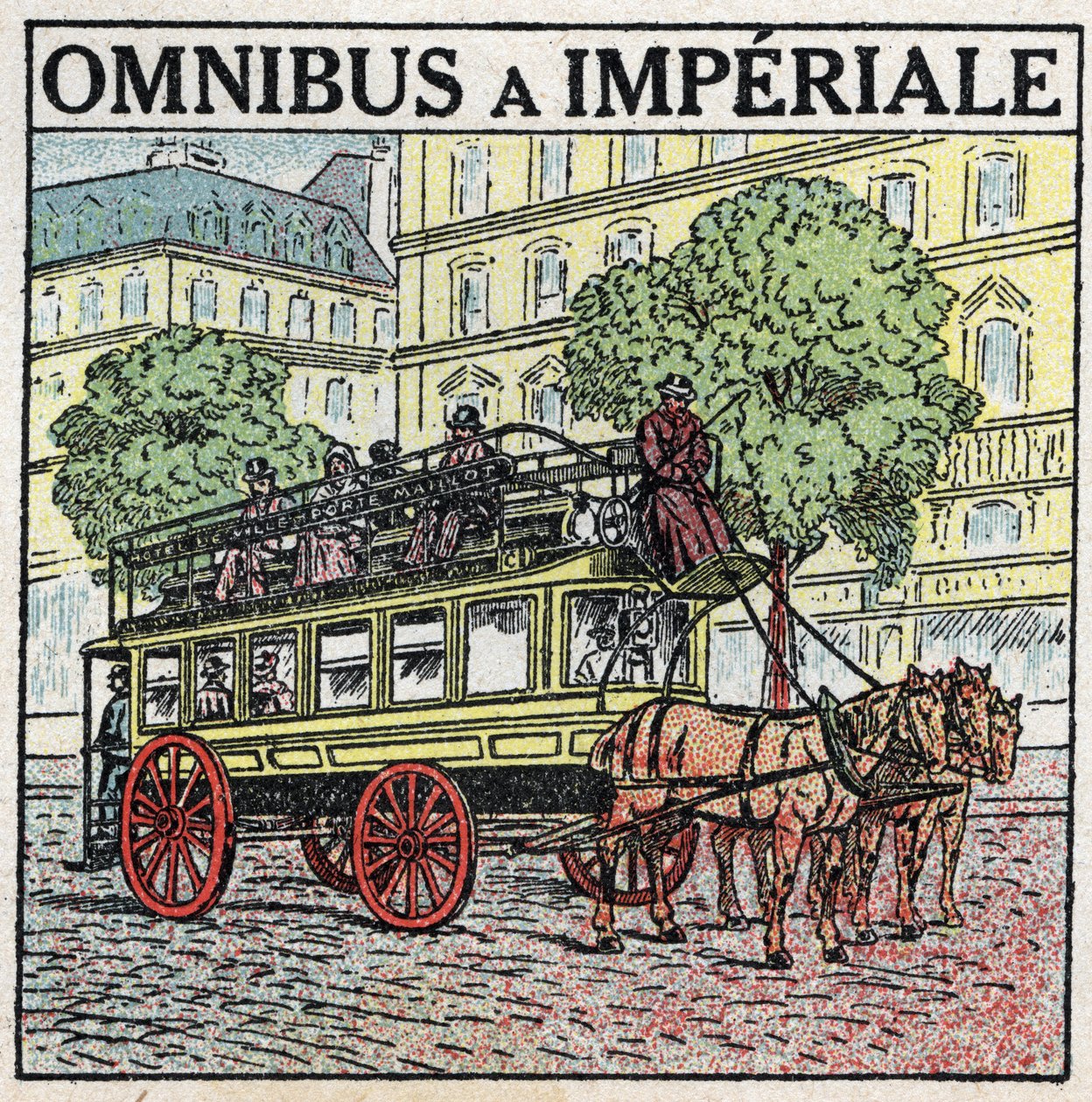 動物の牽引：19世紀のオムニバス・ア・インペリアーレ（omnibus a imperiale）。1925年の匿名のイラスト。個人蔵。 作： 匿名匿名