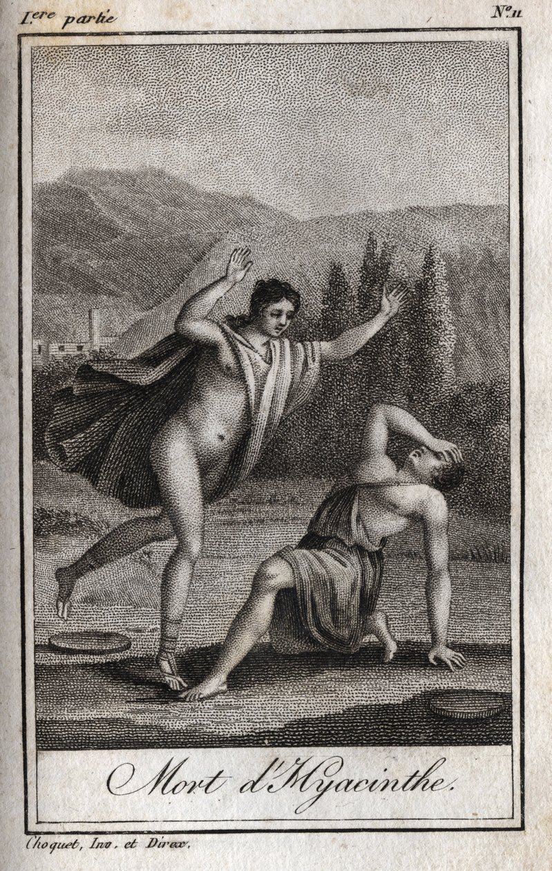 アポロとヒヤシンス（ヒヤシンスの死） シャルル・アルベール・ドゥムスティエ（1760-1801）の「Lettres a Emilie sur la mythologie」に掲載された1819年のエングレーヴィング。個人蔵。 作： 匿名匿名