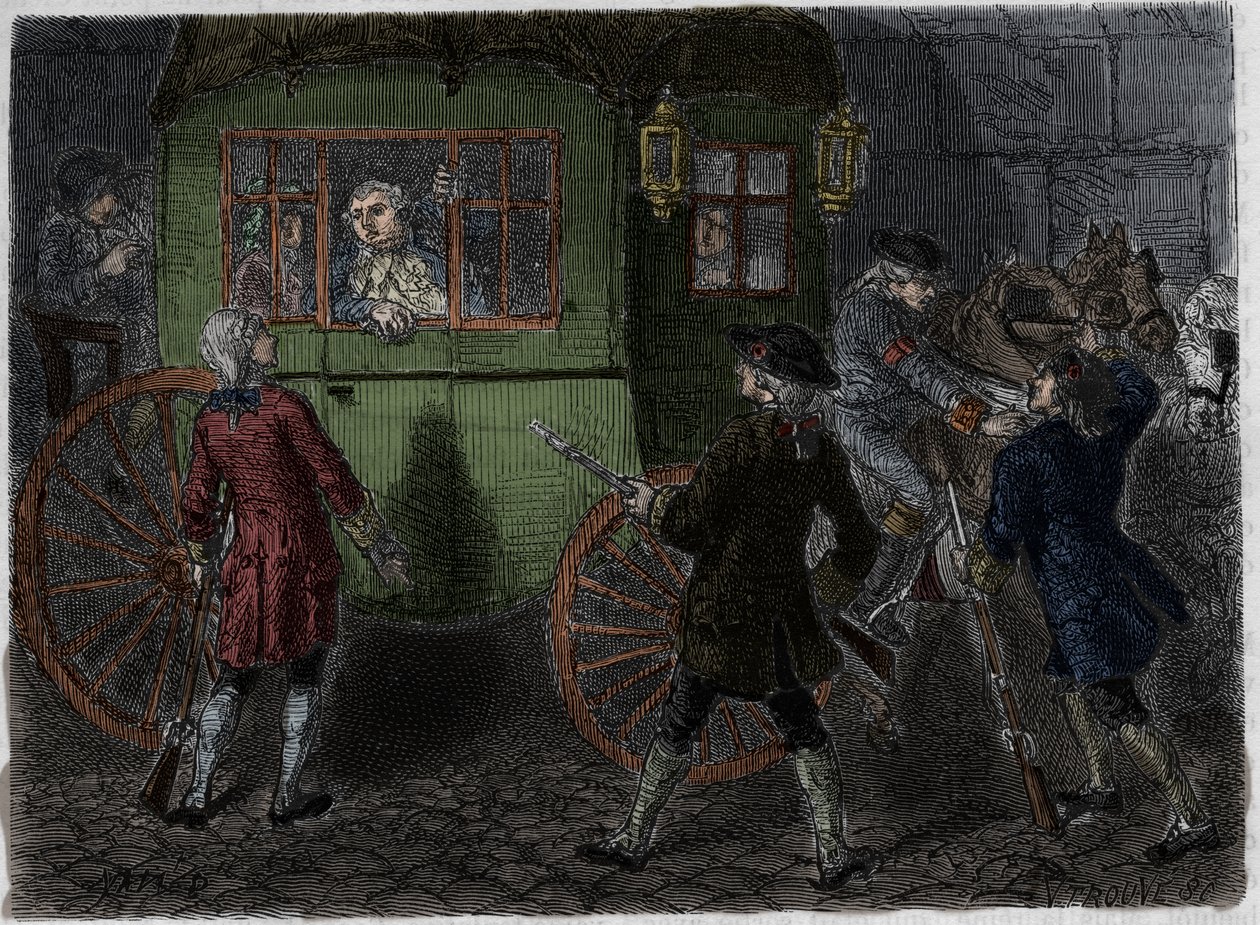1791年6月21日、ヴァレンヌで逮捕されたルイ16世（1754-1793）と逃亡する家族。1866年のアドルフ・ティエール著「フランス革命史」に掲載された版画。. 作： 匿名匿名