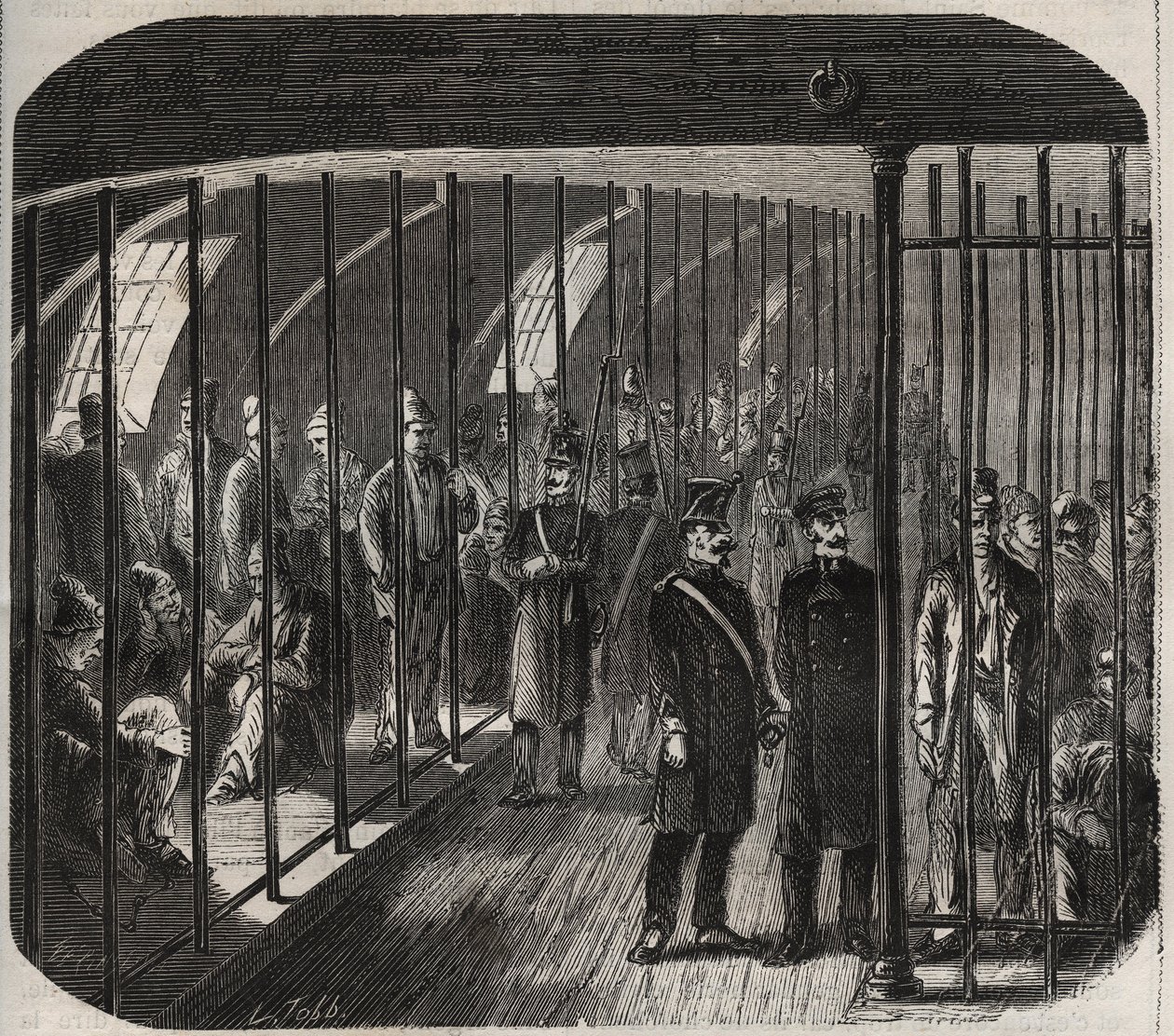 1851年12月8日の政令に基づき、トゥーロンからカイエン（ガイアナ）への護送中に船内に到着した軍人たち。ピエール・ザッコーネ（1817-1895）の「Histoire des bagnes depuis leur création à nos jours」（1877年）に掲載されている版画（コロニア・ペナーレ-ペナル・コー 作： 匿名匿名