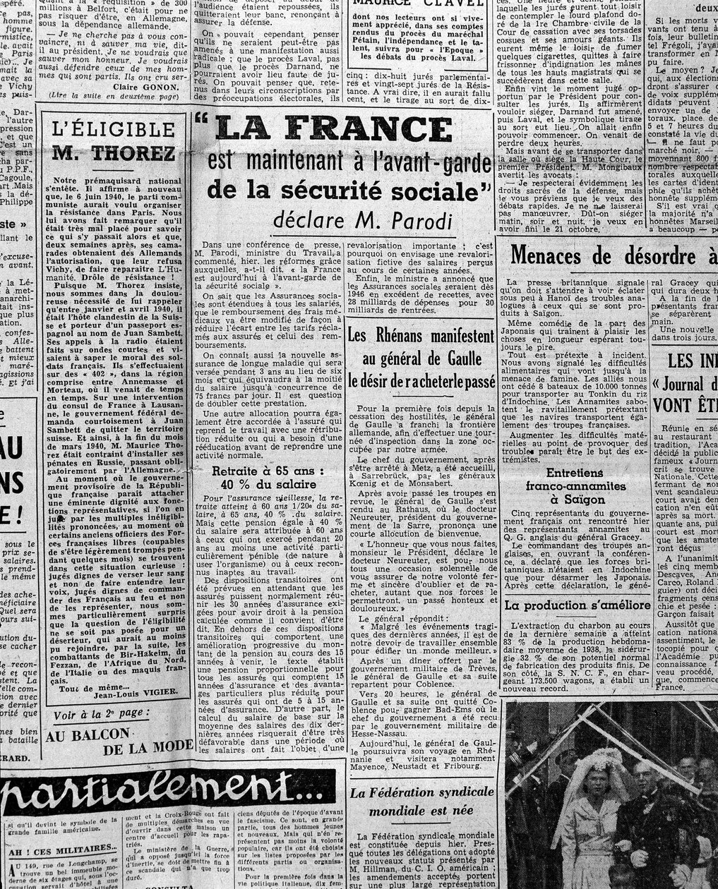 社会保障に関する記事。"フランスは社会保障の最先端を走っているとパロディ氏が語る" 1945年 作： 匿名匿名