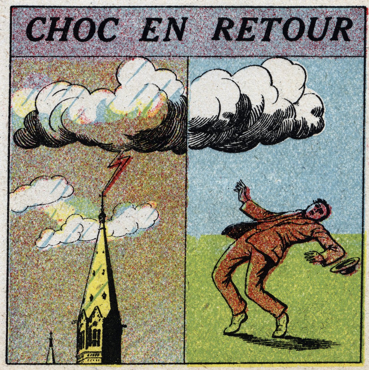 Atmospheric electricite：リターンのショック。人間が感電するのは、雷の影響範囲内にいるからである。1925年の匿名のイラスト。個人蔵。 作： 匿名匿名