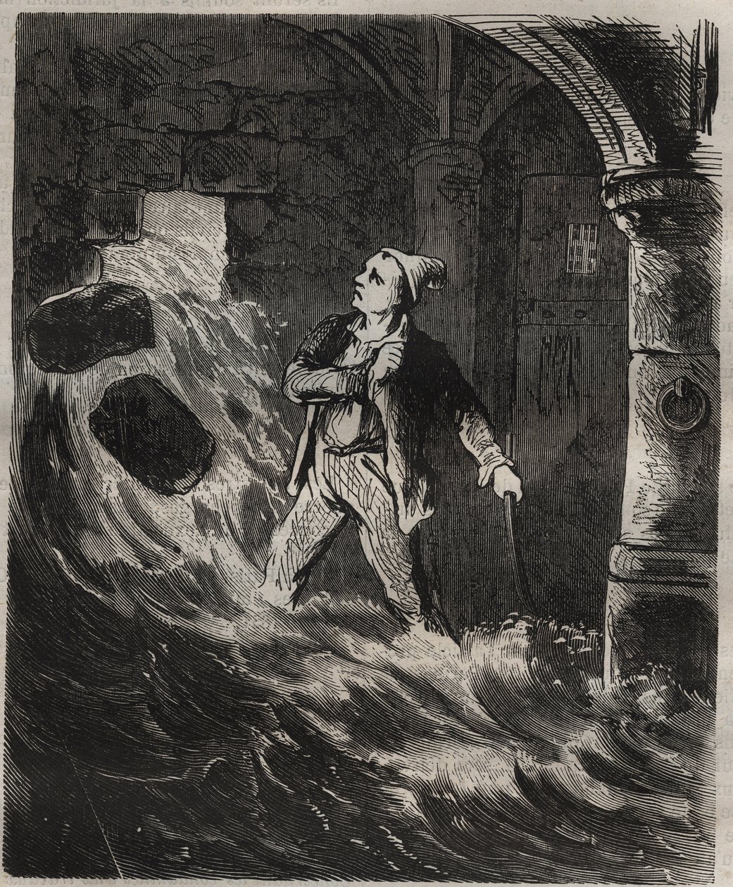 19世紀に行われたトゥーロン・バグネからの脱走未遂事件。ピエール・ザッコーネ（1817-1895）の「Histoire des bagnes depuis leur création à nos jours」（1877年）に掲載された版画（コロニア・ペナーレ-流刑地）。個人蔵。 作： 匿名匿名