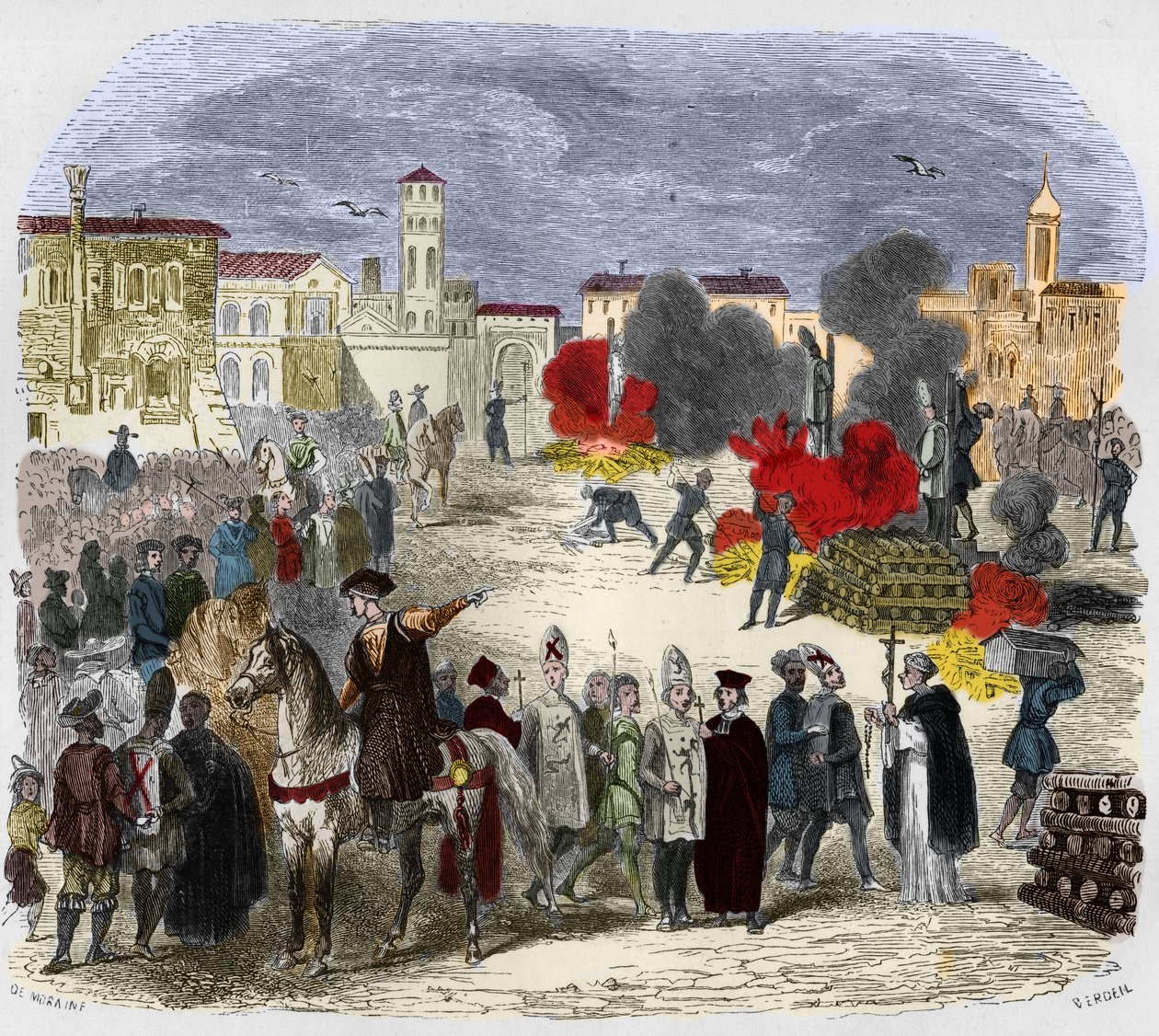 16世紀のオートダフェ（オート・ダ・フェ）（auto da-fe）。Mysteres of the Inquisition and Other Secret Societies of Spain "に掲載されているイラスト。Victor de Fereal, Suberwick, Manuel Galo de Cuendias著。発行：P.ボイザード 作： 匿名匿名