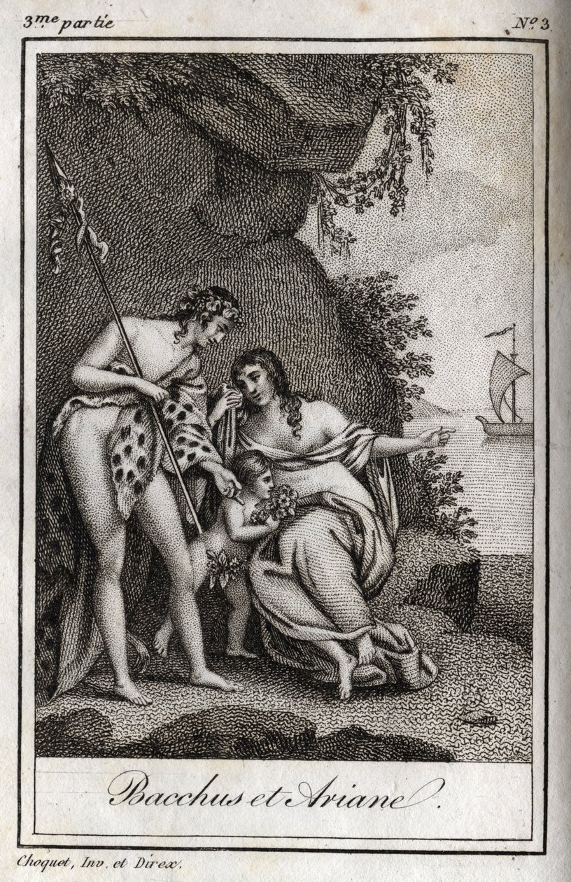 Bacchus et Ariane（バッカスとアリアドネ）Charles Albert Demoustier（1760-1801）の「Lettres a Emilie sur la mythologie」の1819年のエングレーヴィング。個人蔵。 作： 匿名匿名
