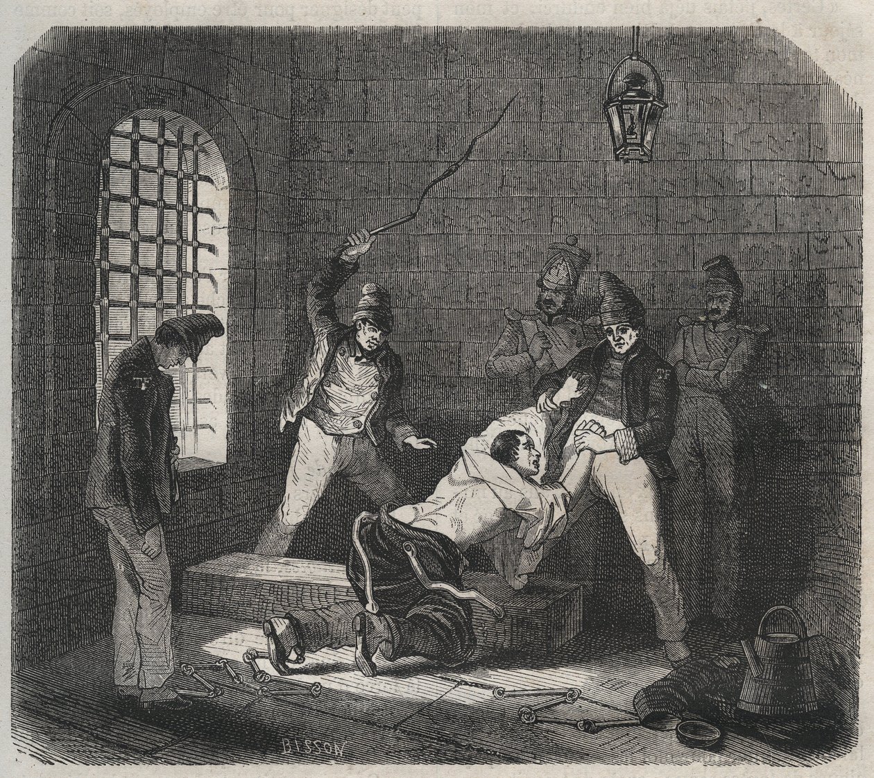 バーンデブレスト：キャニングピエール・ザッコーネ（1817-1895）の『Histoire des bagnes depuis leur création à nos jours』（1877年）に掲載されている版画（Colonia Penale - Penal colony）。プライベートコレクション 作： 匿名匿名