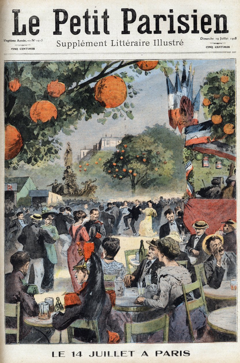 7月14日のパリでの舞踏会。1908年7月19日の新聞「Le petit parisien」に掲載されたもの。個人蔵。 作： 匿名匿名