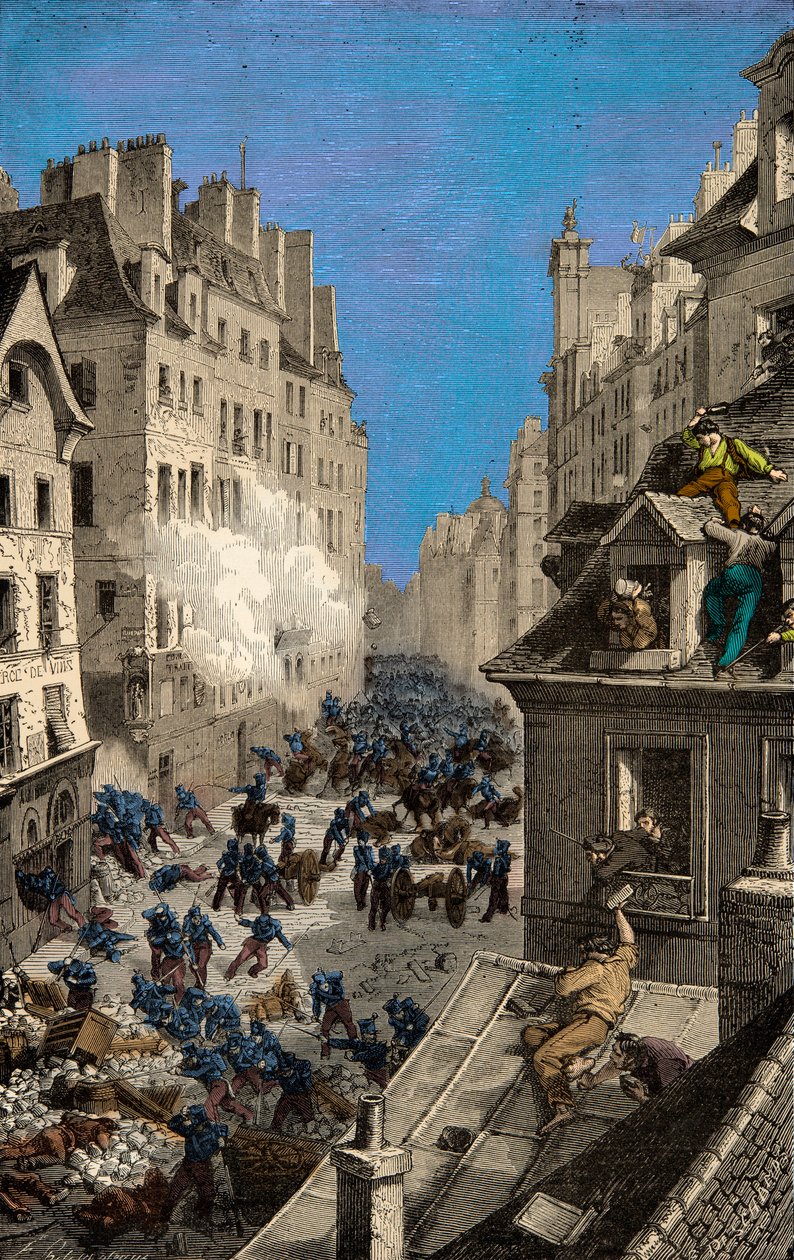 1830年、サン・アントワンヌ通りのバリケードでの戦い、エングレーヴィング、個人蔵 作： 匿名匿名