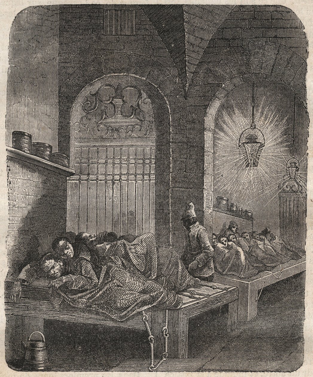 夜のブレストのバーゲン。ピエール・ザッコーネ（1817-1895）の『Histoire des bagnes depuis leur création à nos jours』（1877年）に掲載されている版画（Colonia Penale - Penal colony）。プライベートコレクション 作： 匿名匿名