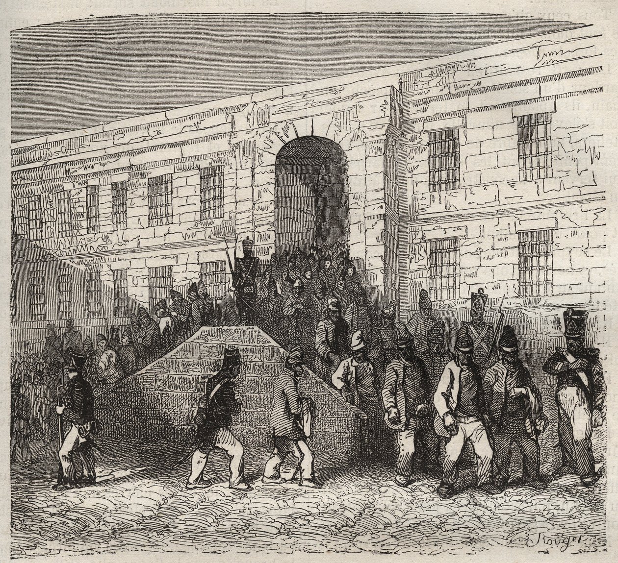 19世紀のブレストのバッグン。ピエール・ザッコーネ（1817-1895）の「Histoire des bagnes depuis leur création à nos jours」（1877年）に掲載された版画（Colonia Penale - Penal colony）。個人蔵。 作： 匿名匿名