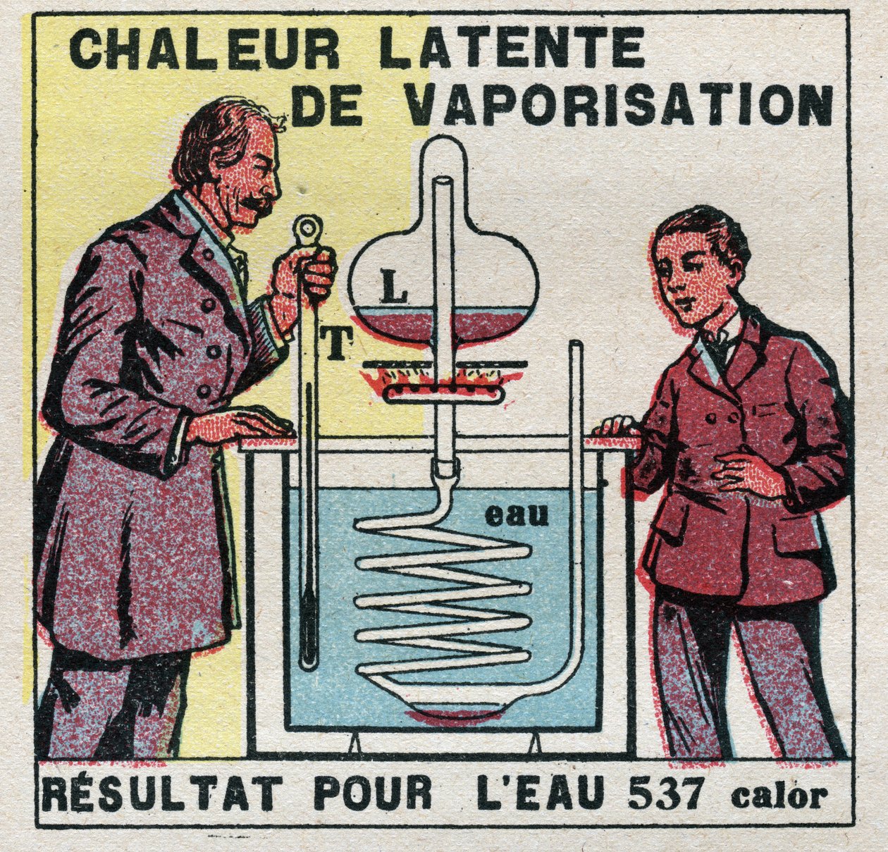 熱量測定：Marcellin Berthelot（1827-1907）の熱量計で測定された気化潜熱のこと。1925年の匿名のイラスト。個人蔵。 作： 匿名匿名