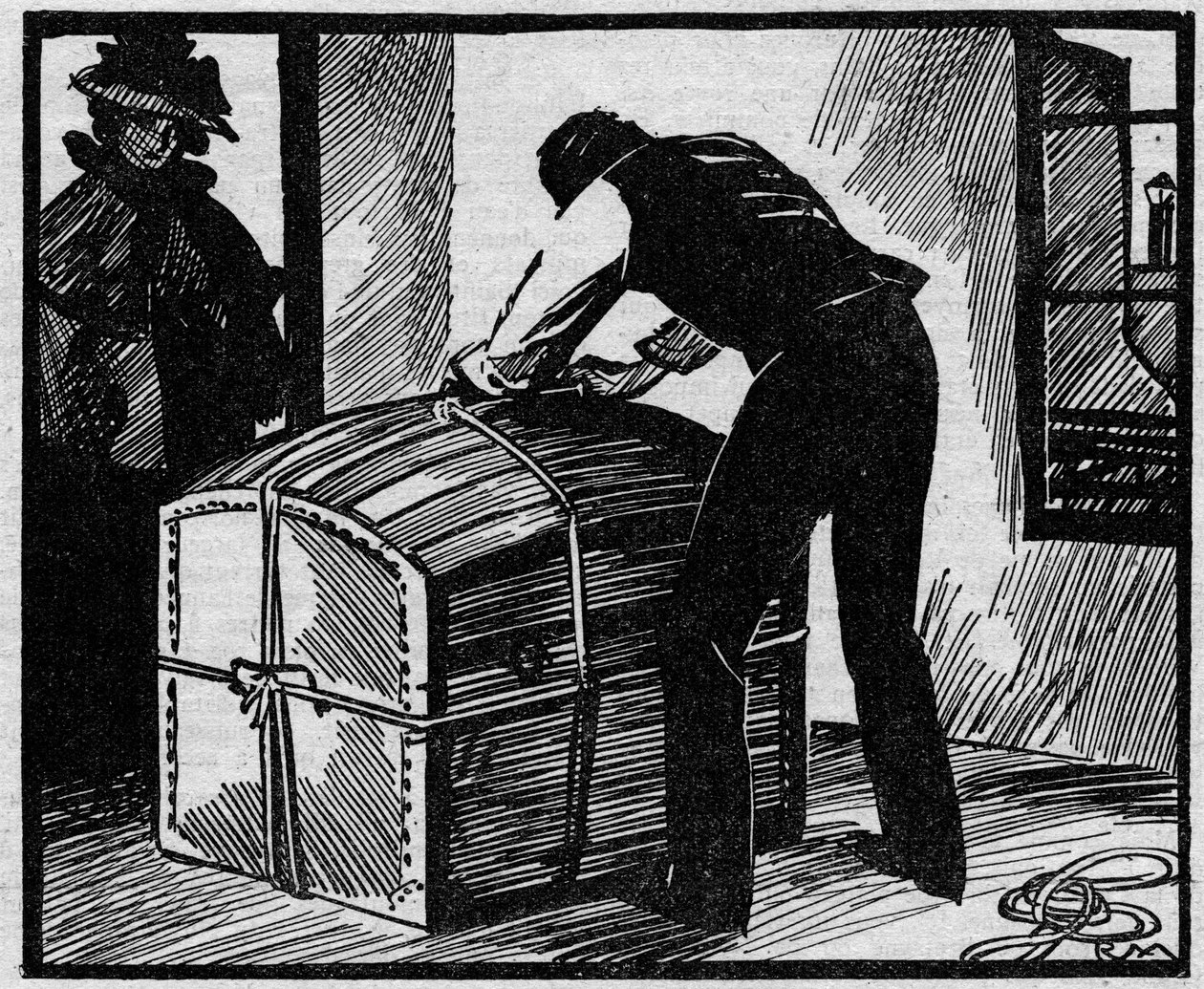 Eyraud-Bompard事件（Eyraud Bompard）または血まみれのトランクの事件：1888年にパリでMichel EyraudとGabrielle Bompardのカップルによって殺害された廷臣Gouffeの死体を隠すために使用されたトランクが発見された。イラストは「Le petit journa」より引用。 作： 匿名匿名